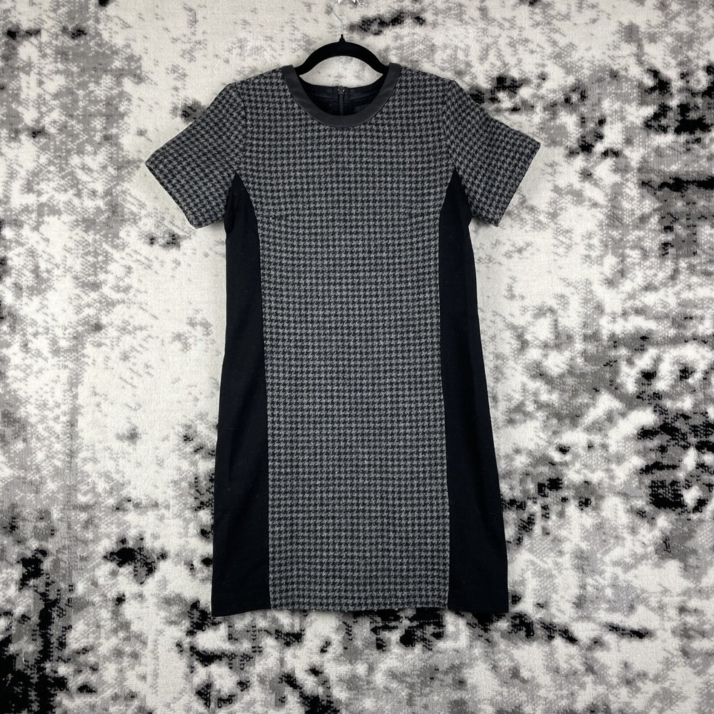 J Crew‎ Dress Womens Size 2 Houndstooth Wool Leather Neck Trim Midi Gray